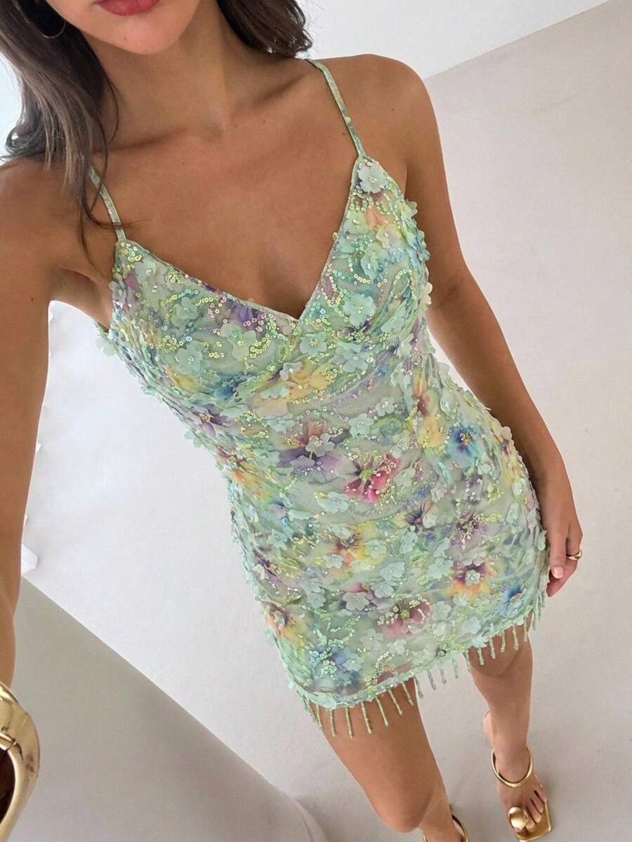 Aloruh 女士性感花卉网纱吊带连衣裙，流苏下摆，时尚迷你裙，适合复活节、圣帕特里克节、狂欢节、商务休闲、约会之夜、音乐会等场合，绿色连衣裙，夏季连衣裙，优雅派对连衣裙，沙滩连衣裙，婚礼宾客连衣裙，毕业典礼连衣裙，闪亮连衣裙，短款派对连衣裙