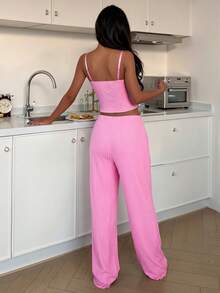 舒适的粉色蝴蝶结饰边荷叶边女式睡衣套装 - 粉色 - 查看 2