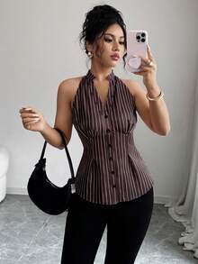Elenzga Women's Striped Single-Breasted V-Neck Casual Halter Shirt - Coffee Brown - View 3