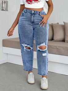 Dripcurv Plus Size Women Pocket Button Distressed Casual Versatile Daily Wear Denim Jeans - Light Wash - View 3