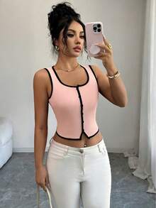 Selianne 女士黑白撞色装饰纽扣前开襟修身背心 - 彩色 - 查看 7
