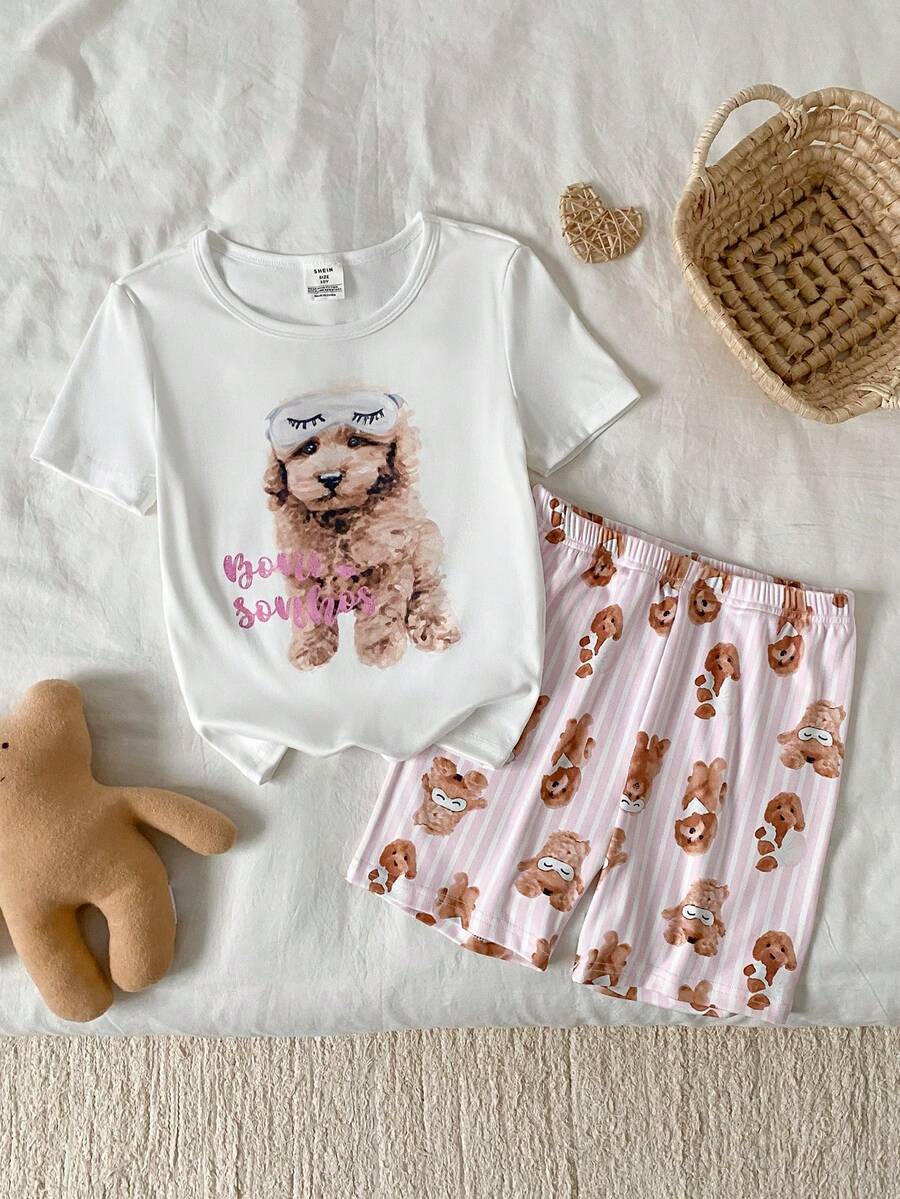 SHEIN 2件套少女休闲可爱狗狗字母条纹印花修身短袖上衣和短裤睡衣套装 - 粉色 - 查看 1