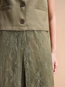 SHEIN Zanirela Women's Lace Patchwork Slim Fit Vest And High Waist Wide Leg Pants Set, Deep V-Neck Single Breasted Long Lace Hem, Elegant Summer Olive Green Brunch - Army Green - View 7