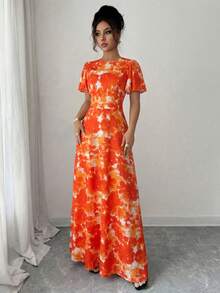 Elenzga Gaun Wanita Elegan Romantis dengan Motif Bunga Tanpa Posisi, Lengan Berkerut, Leher Bulat, Pinggang Diikat, dan Cetakan Digital - MultiWarna - View 5