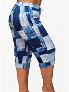 Tropvida Plus Size Denim Effect Print Capri Pants - Multicolor - View 4