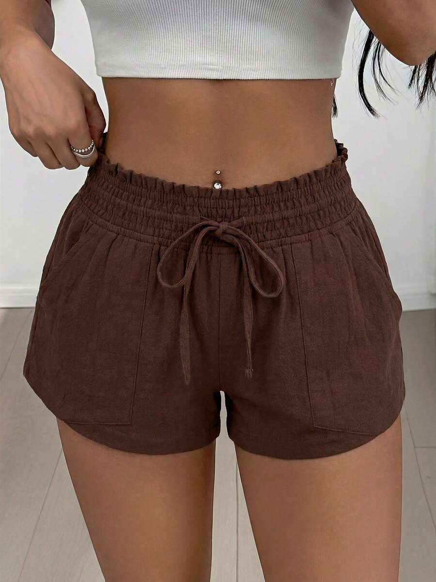 SHEIN EZwear 2026夏季女士休闲纯棕色抽绳腰侧口袋短裤 - 棕色 - 查看 1
