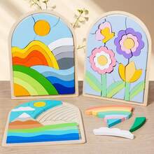 MINKOJA 1 Pc Wooden Cartoon Flower & Rainbow 3D Puzzles For Kids, Early Education Building Blocks, Animal Matching Educational Toys To Improve Concentration - Multicolor - View 1