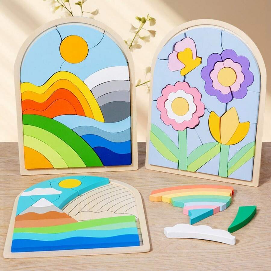 MINKOJA 1 Pc Wooden Cartoon Flower & Rainbow 3D Puzzles For Kids, Early Education Building Blocks, Animal Matching Educational Toys To Improve Concentration - Multicolor - View 1