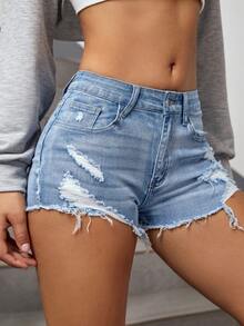 SHEIN ICON Plus Size Women's Fashion Versatile Washed Distressed Skinny Shorts - Light Wash - View 6