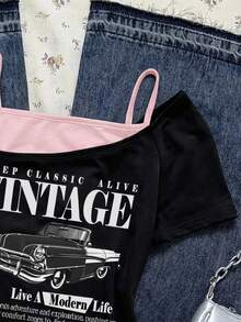 Attitoon Women's Casual Minimalist Black & Pink Contrast Retro Car Graphic Short Sleeve T-Shirt, Suitable For Summer,Pink Top - Pink - View 5