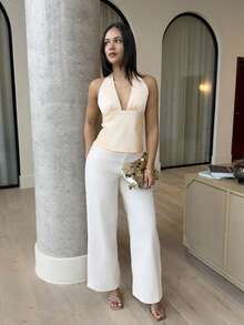 LHSEPT 黄色缎面 V 领露背吊带背心、派对鸡尾酒会上衣、正式场合衬衫、性感女式缎面上衣、圣诞节、鸡尾酒会、商务休闲装、外出上衣 - 淡黃色 - 查看 3