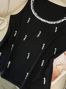 GlowEve CURVE Chic Plus Size Black Rib Knit Tank Top Pearl Beaded Scoop Neck Sleeveless Plus Size Camisole Casual Style - Black - View 3