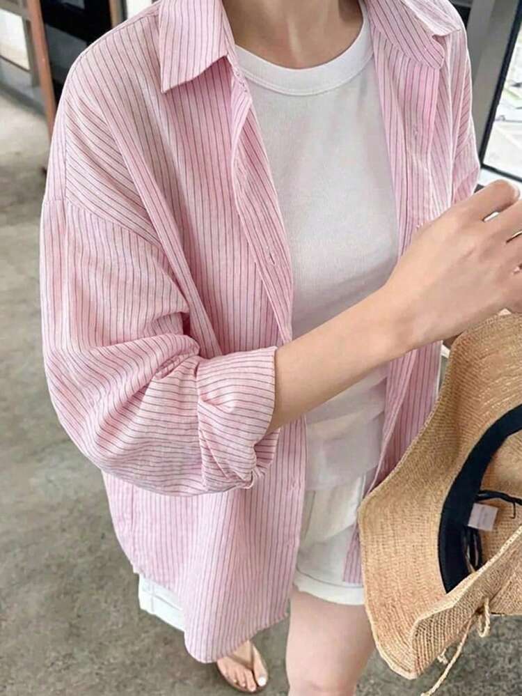 Women's Striped Drop Shoulder Long Sleeve Single-Breasted Casual Loose Shirt