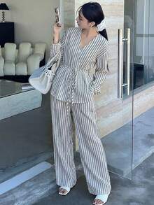 Dazy-Less 春夏V领系腰条纹休闲度假沙滩宽松上衣和直筒裤套装，优雅通勤复古风女士家居服套装 - 灰色 - 查看 6