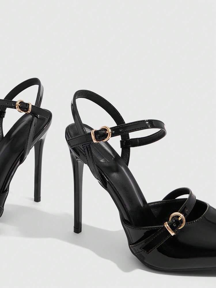 CUCCOO SZL Women's Black Pointed Toe Stiletto High Heel Sexy Evening Party Ladies High Heel Pumps With Ankle Strap And Backless Design