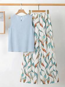 SHEIN Clasi Elegant Women's Solid Color Texture Pleated Blouse And Flower Wide Leg Pants Set,Vacation Outfits Women - Baby Blue - View 2