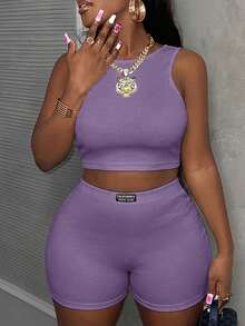 Slaydiva Minimalist Casual Basic Round Neck Sleeveless Cropped Tank Top And High Waist Fitted Shorts 2-Piece Knit Set For Women,Vacation Outfits Women - Mauve Purple - View 3