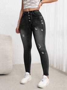 SHEIN ICON 女士口袋纽扣做旧休闲百搭日常牛仔裤 - 黑色 - 查看 9
