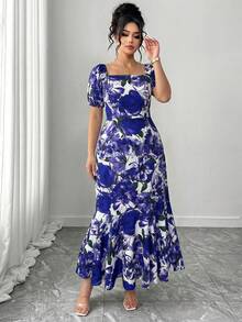 Elenzga Women's New Square Neck Printed Puff Sleeve Dress, With Fish Tail Hem And Ruffle Trim, Elegant Design Suitable For Casual Daily And Holiday Wear - Blue - View 4
