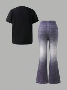 SHEIN 少女蝴蝶印花T恤和牛仔印花喇叭裤两件套 - 黑色 - 查看 2