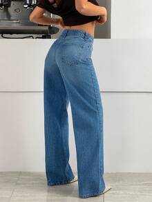 SHEIN 100% Cotton High Waist Tinted Blue Wash Loose Casual Denim Jean Button Front - Medium Wash - View 2