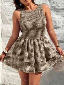 Sunnyshic 时尚简约春夏新款百搭圆领红色格子修身无袖连衣裙 - 咖啡棕 - 查看 6