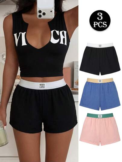 3-Piece Women's Contrast Color Sleep Shorts Loungewear Set