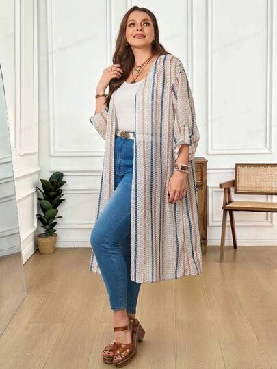 Rosumi Büyük Beden Kadın Günlük Çizgili Açık Önlü Uzun Hırka