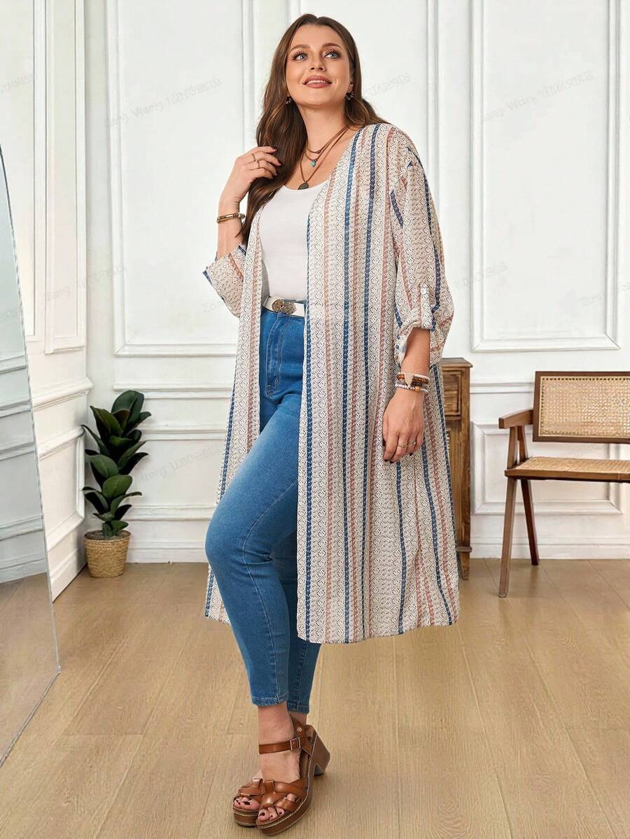 EMERY ROSE 大码女式休闲条纹开襟长款开衫 - 杏色 - 查看 1