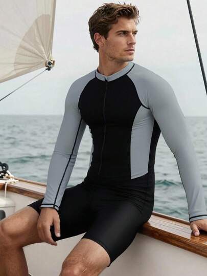 Manfinity KASUA Men's Contrast Color Minimalist Daily Wear Long Sleeve Swimsuit