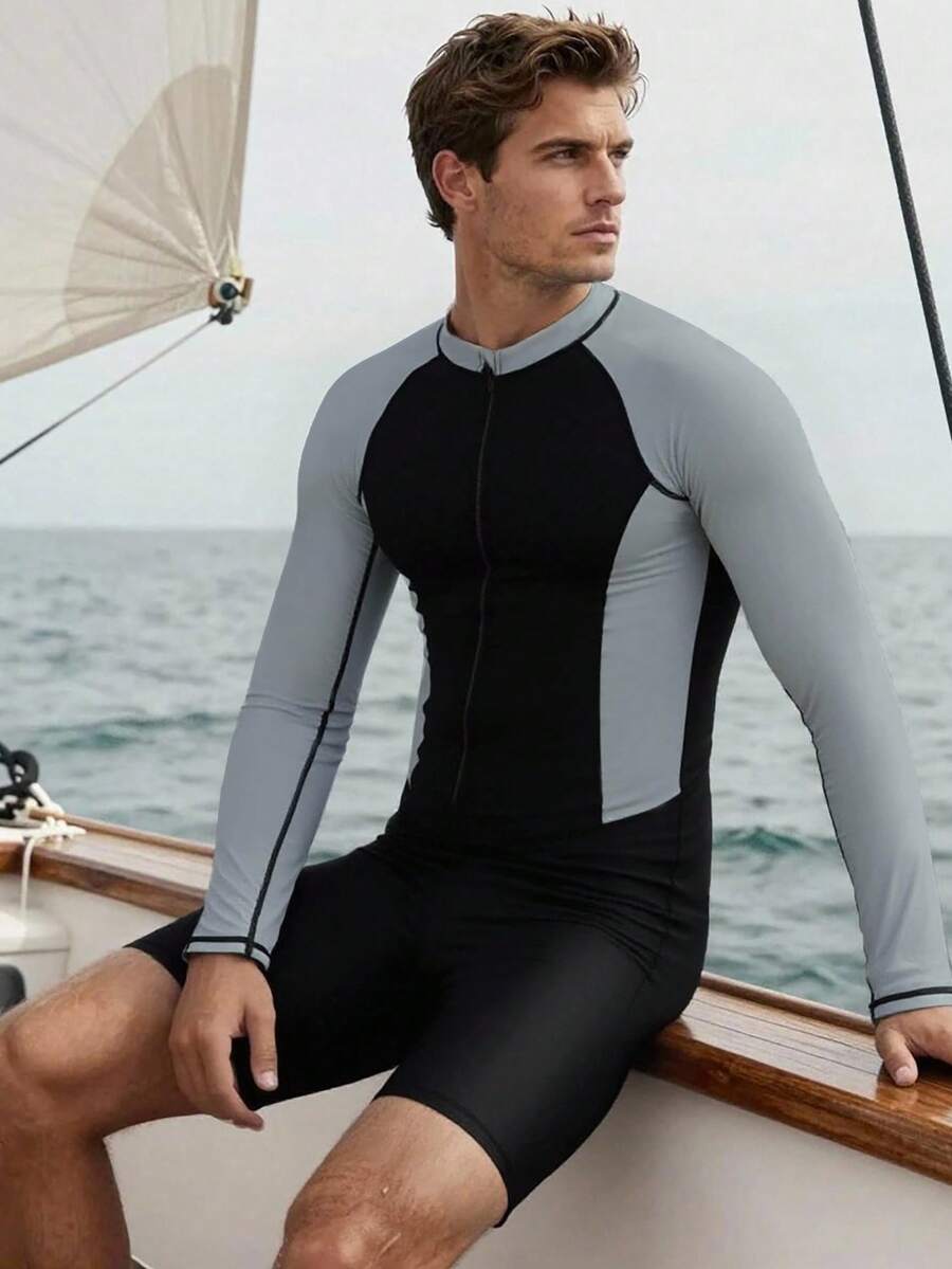 Manfinity KASUA 男士撞色简约日常长袖泳衣 - 黑色 - 查看 1