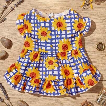 PETSIN 1件宠物通用蓝色格子向日葵印花短袖可爱狗狗连衣裙
