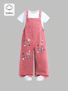 SHEIN Tween Girls' Summer Casual Back-To-School Dusty Pink Denim Jumpsuit,Cute Butterfly Print Metal Button Strap Long Pants,School Vintage Overalls - Pink - View 4
