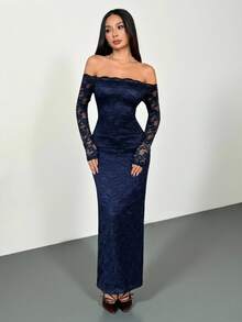 SHEIN PETITE 女士露肩长袖蕾丝拼接迷你连衣裙，夏季连衣裙 春季服装 - 藏蓝色 - 查看 4