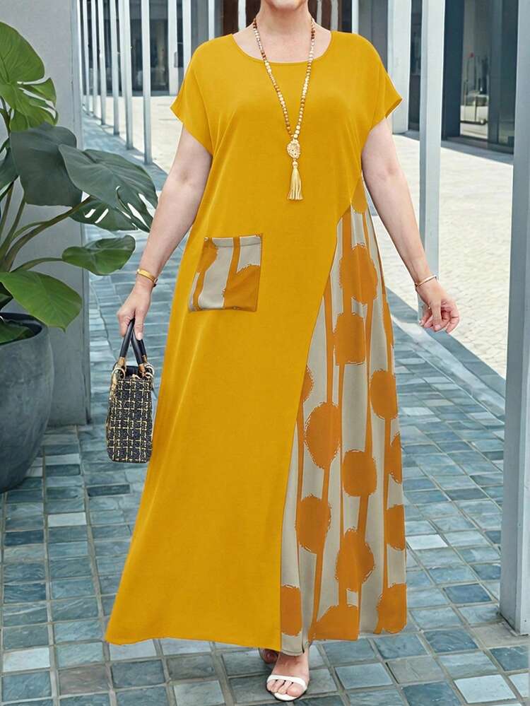 Plus Size Contrast Color Printed Patchwork Long Vacation Casual Dress,Spring Outfits For Women,Tropical Vacation Woman Clothes