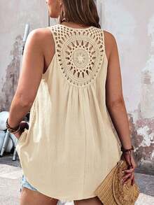 EMERY ROSE Plus Size Women Lace Patchwork 100% Pure Cotton Tank Top,White,Summer,Boho,Vacation,Holiday Business Casual Front Short Back Long Blouses Daily Wear - Khaki - View 6