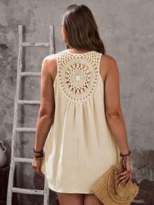 EMERY ROSE Plus Size Women Lace Patchwork 100% Pure Cotton Tank Top,White,Summer,Boho,Vacation,Holiday Business Casual Front Short Back Long Blouses Daily Wear - Khaki - View 7