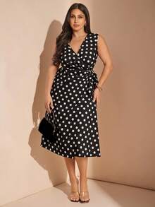 Gossip Girl X SHEIN SHEIN BAE Plus Size Women Black And White Polka Dot Sleeveless Midi Dress,Elegant Summer Tea Party Outfit,Wedding Guest,Bridesmaid,Graduation,Vacation,Y2k,Curve - Black - View 8