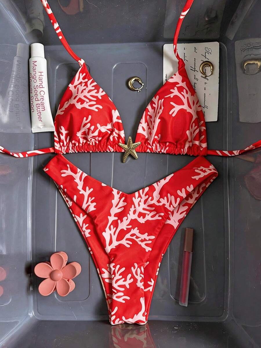 Swim Mod Bộ bikini nữ in họa tiết ngẫu nhiên, kiểu cổ yếm, đính trang sức kim loại, thích hợp cho mùa xuân/hè. - Nhiều màu - Xem 1