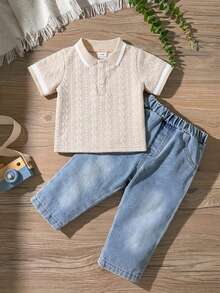 Ensemble polo jacquard décontracté couleur abricot et pantalon en jean pour bébé garçon, coupe ample et confortable, convient pour les sorties quotidiennes, les activités scolaires, les rassemblements familiaux et les jeux en extérieur - Multicolore - Voir 9