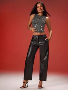 Denimoi Round Metallic Hardware Detail Scoop Back Top Sexy Tops Fashionable Tops Concert Outfits - Dark Grey - View 4