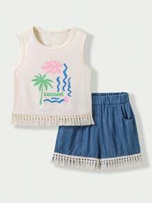 SHEIN Casuvi Kids 2pcs/Set Tween Girls' Formal Sweet & Cute Textured Tropical Print Shorts Set, Suitable For Daily, Casual, Vacation, Gathering - Multicolor - View 4