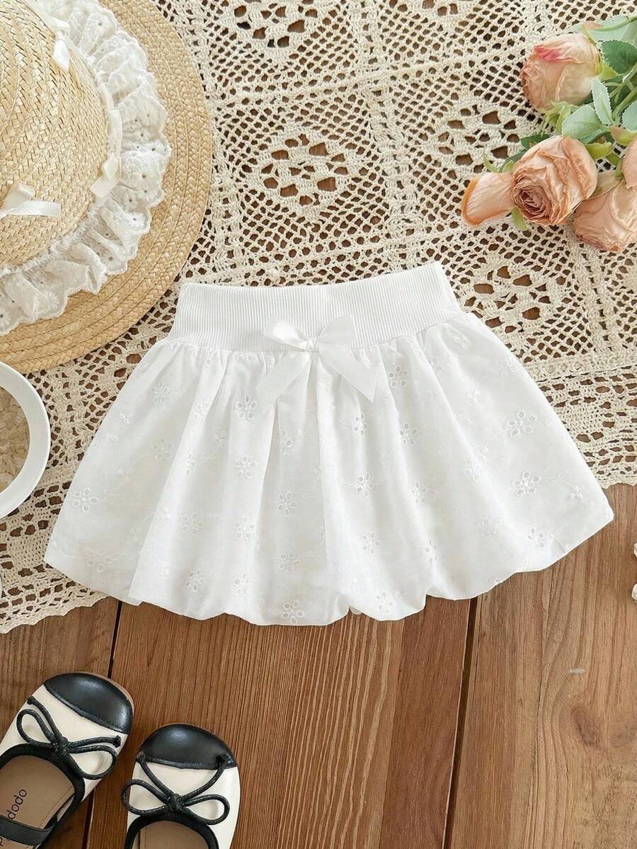 SHEIN Genkimix Kids Baby Girls' Solid Color A-Line Bubble Skirt All White Summer Cute Party Elegant Style Design For Play Daily Activities Or Special Occasions - White - View 1
