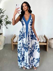 Vavine Vestido de tirantes con estampado de anacardo para vacaciones de mujer - Azul y blanco - Ver 6