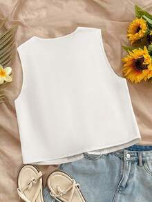 Trelyra Women's White Lace Patchwork Bowknot Sleeveless Fitted Jacket, Suitable For Daily Wear, Vacation And Travel - White - View 2