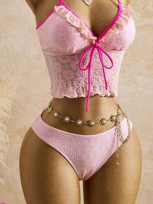 Swim Vcay New Summer Beach Vacation Lace Ruffle Sexy Cute Tankini Swimwear Set - Multicolor - View 5