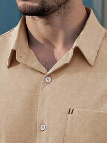 Manfinity Homme Men's Solid Color Minimalist Single Pocket Short Sleeve Casual Shirt - Khaki - View 3