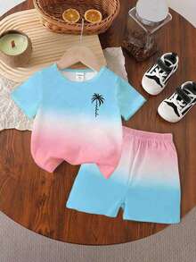 2 pièces/set T-shirt à manches courtes et short pour tout-petits garçons, motif dégradé de cocotier et lettrage, style décontracté. Tenue confortable pour le printemps et l'été - Multicolore - Voir 4