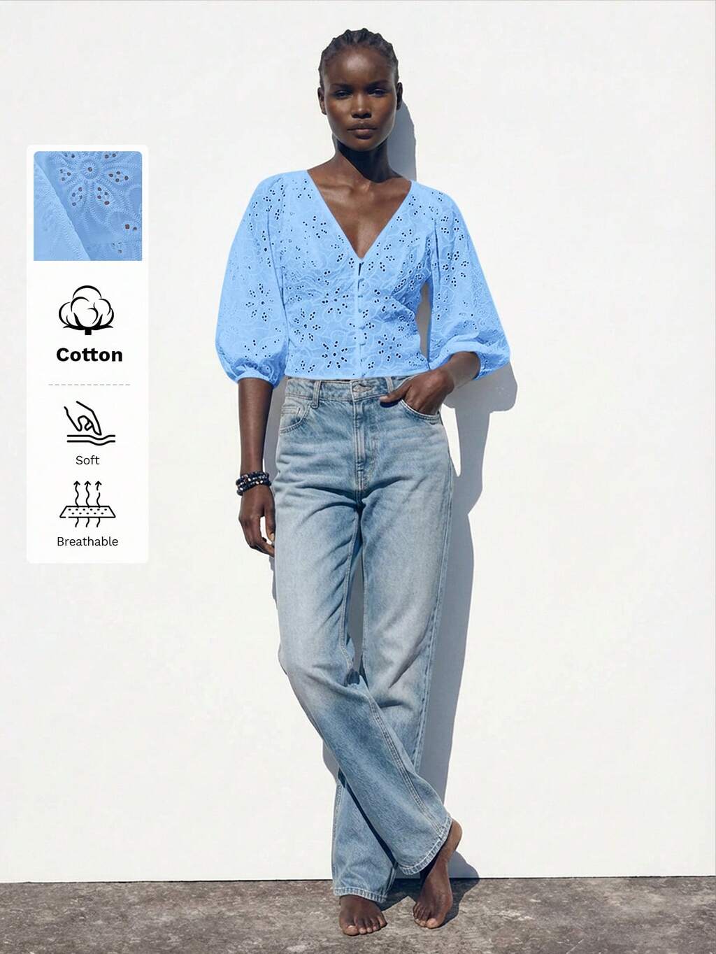 SHEIN Maija Women's V-Neck Front Button Casual Beach Vacation Style Shirt, Embroidered Hollow-Out Fabric, Lantern Sleeve, Slim Fit, Suitable For Summer St Patrick's Day Women Easter Summer Easter Women Party Top Beach Summer Holiday Each Vacation For Women Summer For Women Going Out Graduation Graduation Casual Casual Blouses For Women Light Blue Blouse Light Blue Tops Light Blue Women Blue Tops For Summer Wide Leg Jeans