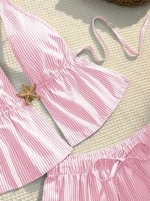 Elamini 蓝白条纹棉质深V开衫、系带吊带背心和直筒抽绳口袋裤套装，女士春夏度假沙滩极简休闲装 - 粉色 - 查看 5